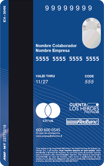 Reverso de la Tarjeta Prepago Viáticos Mastercard de Los Héroes Prepago